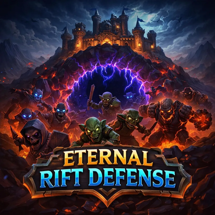 Eternal Rift Defense key art: goblins and orcs pouring from a glowing rift beneath a castle