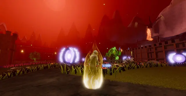 A hero channelling power under a blood-red sky